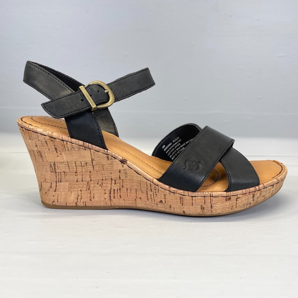 Born Alaina Platform Wedge Sandals Womens Size 10 Black Leather Ankle Strap Shoe